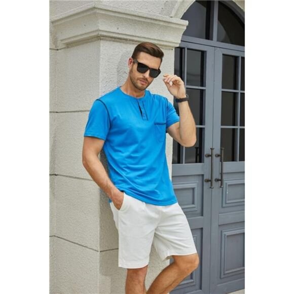 Men's Blue Shirt Classic Short/Long Sleeve Lightweight Button Cotton T-shirts - Picture 3 of 7